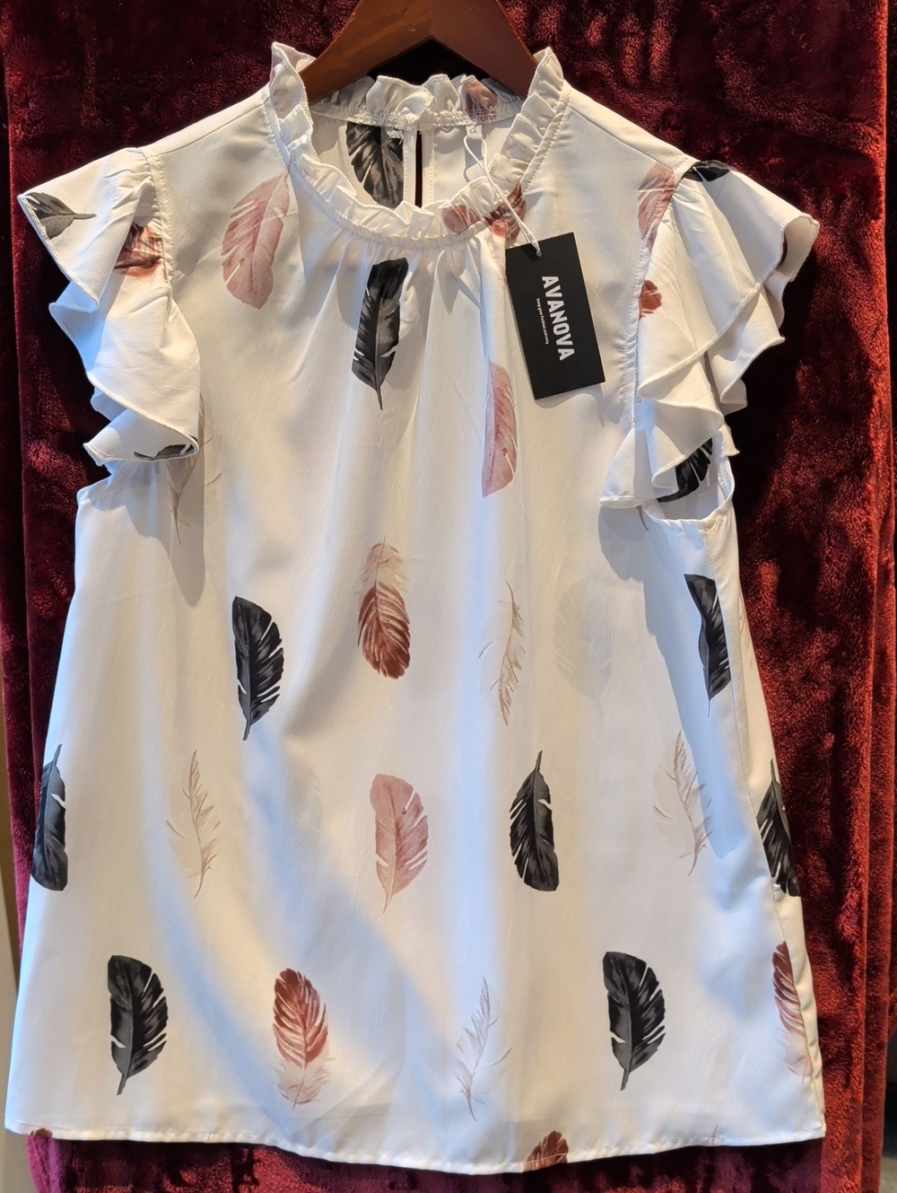 Avanova White Feather Print Ruffle Sleeve Blouse